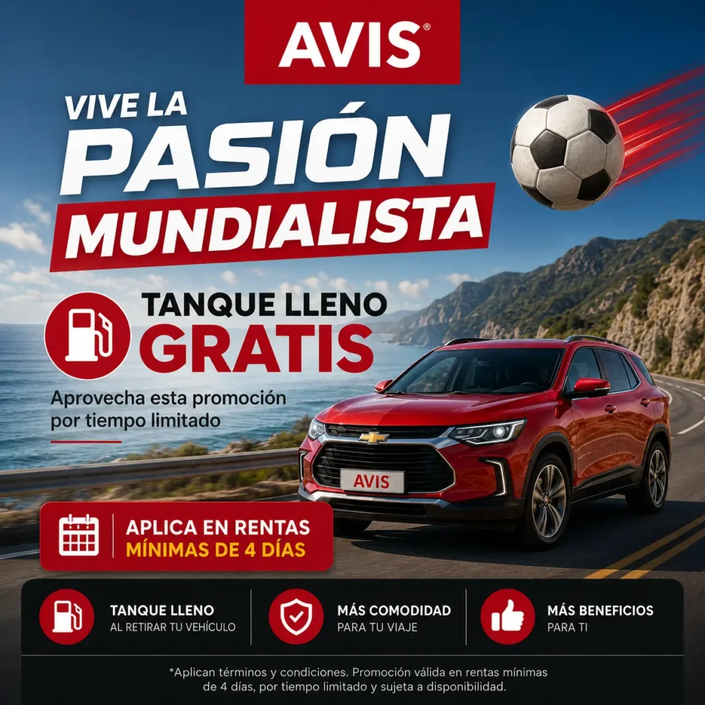 Promoción mundialista AVIS Ecuador con tanque lleno gratis en alquiler de auto