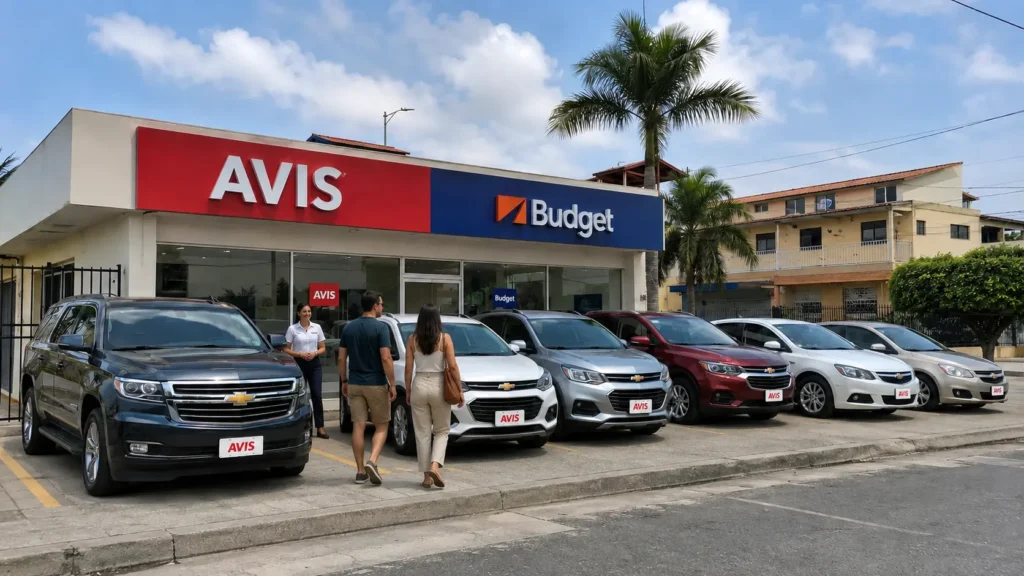 Cliente recibiendo atención en oficina AVIS Budget La Garzota Guayaquil para alquiler de autos en Ecuador.