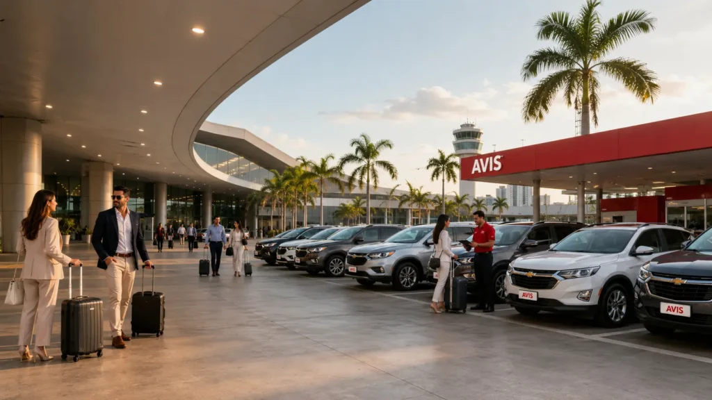 Viajeros retirando vehículos AVIS en el Aeropuerto José Joaquín de Olmedo de Guayaquil para turismo, negocios y movilidad corporativa.