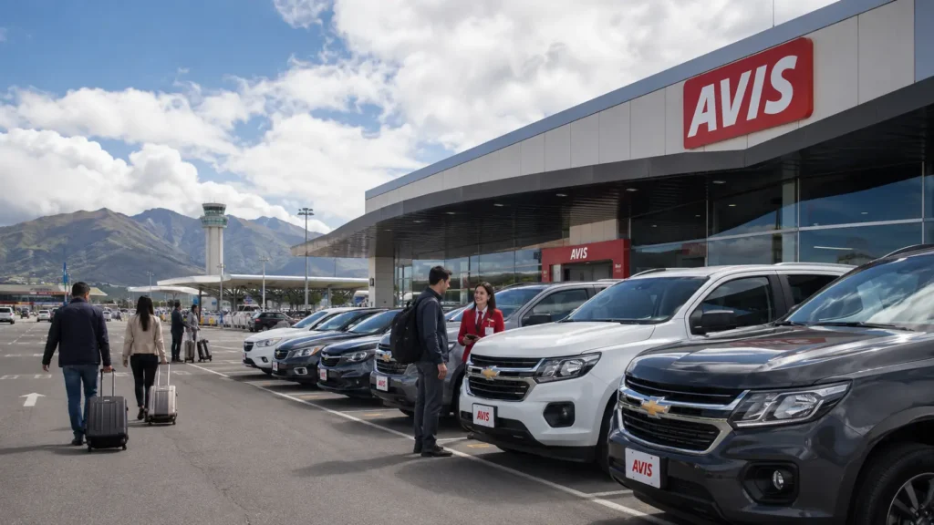 Viajeros retirando autos AVIS en el Aeropuerto Internacional Mariscal Sucre de Quito para viajes de turismo y negocios.