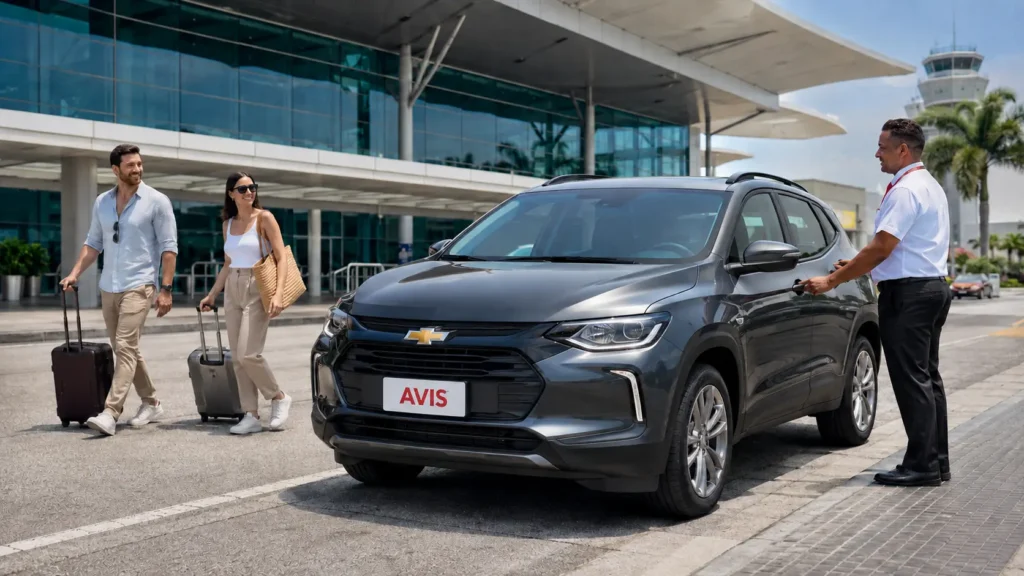 Pareja de viajeros junto a una SUV Chevrolet de AVIS en el Aeropuerto de Guayaquil, listos para iniciar su viaje por Ecuador.