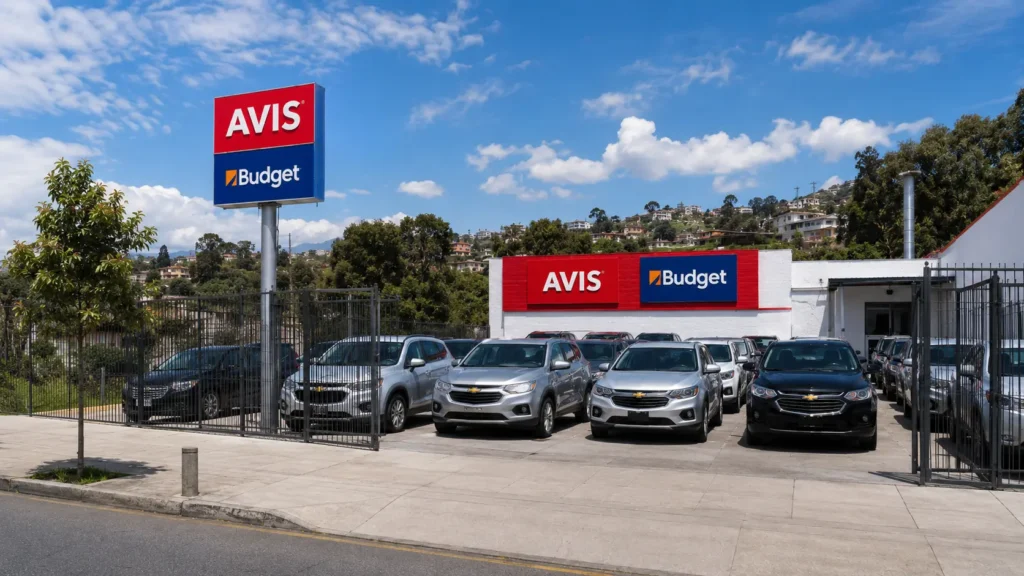 Patio de autos AVIS Budget junto a Santa Fe Torre Corporativa en La Coruña, Quito, con flota Chevrolet disponible para alquiler de vehículos en Ecuador.