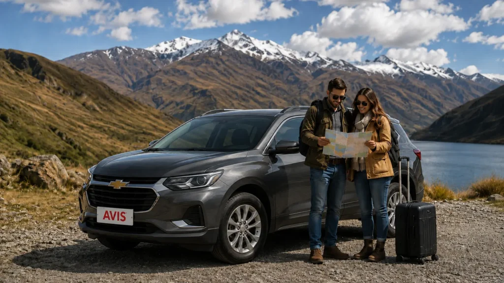 Pareja de turistas junto a una SUV Chevrolet de AVIS durante un viaje por los Andes de Ecuador.