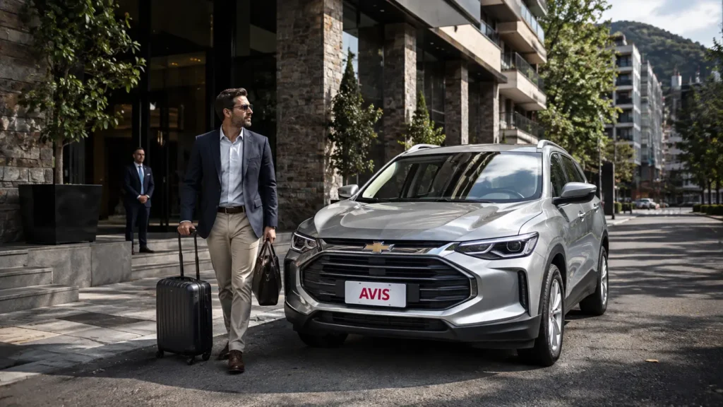 Ejecutivo junto a una SUV Chevrolet de AVIS para alquiler mensual y movilidad de largo plazo en Ecuador.