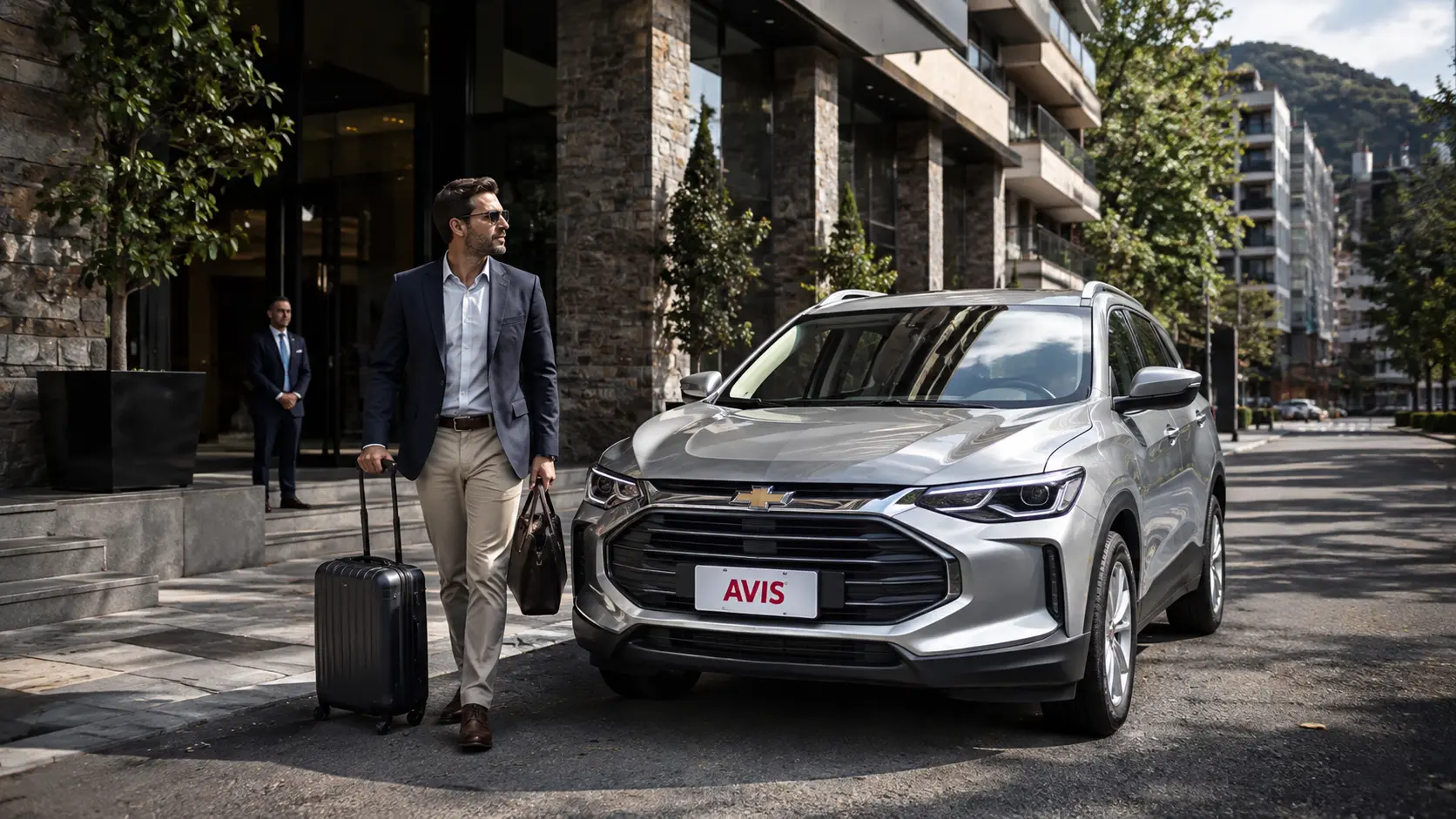 Ejecutivo junto a una SUV Chevrolet de AVIS para alquiler mensual y movilidad de largo plazo en Ecuador.