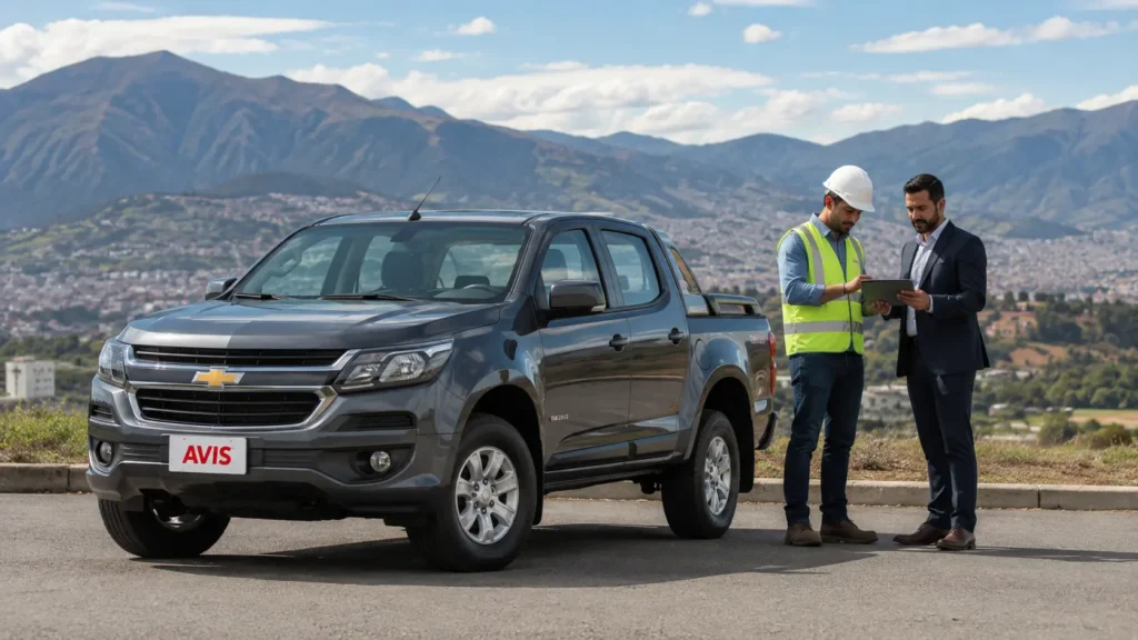 Profesionales junto a una camioneta Chevrolet D-Max 4x4 de AVIS para trabajo y movilidad empresarial en Ecuador.